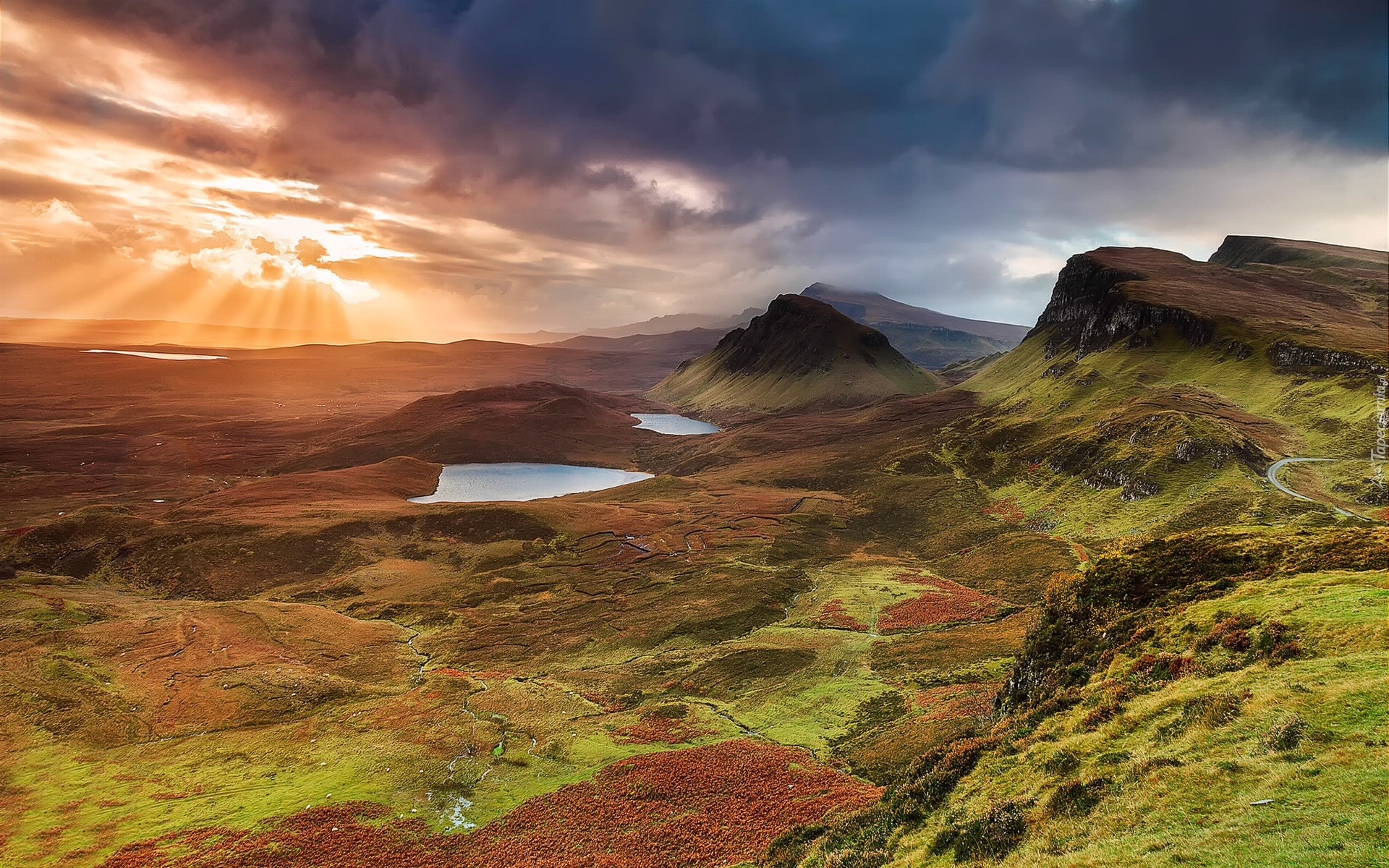 Szkocja, Wyspa Skye, Góry, Jezioro, Chmury, Zachód słońca