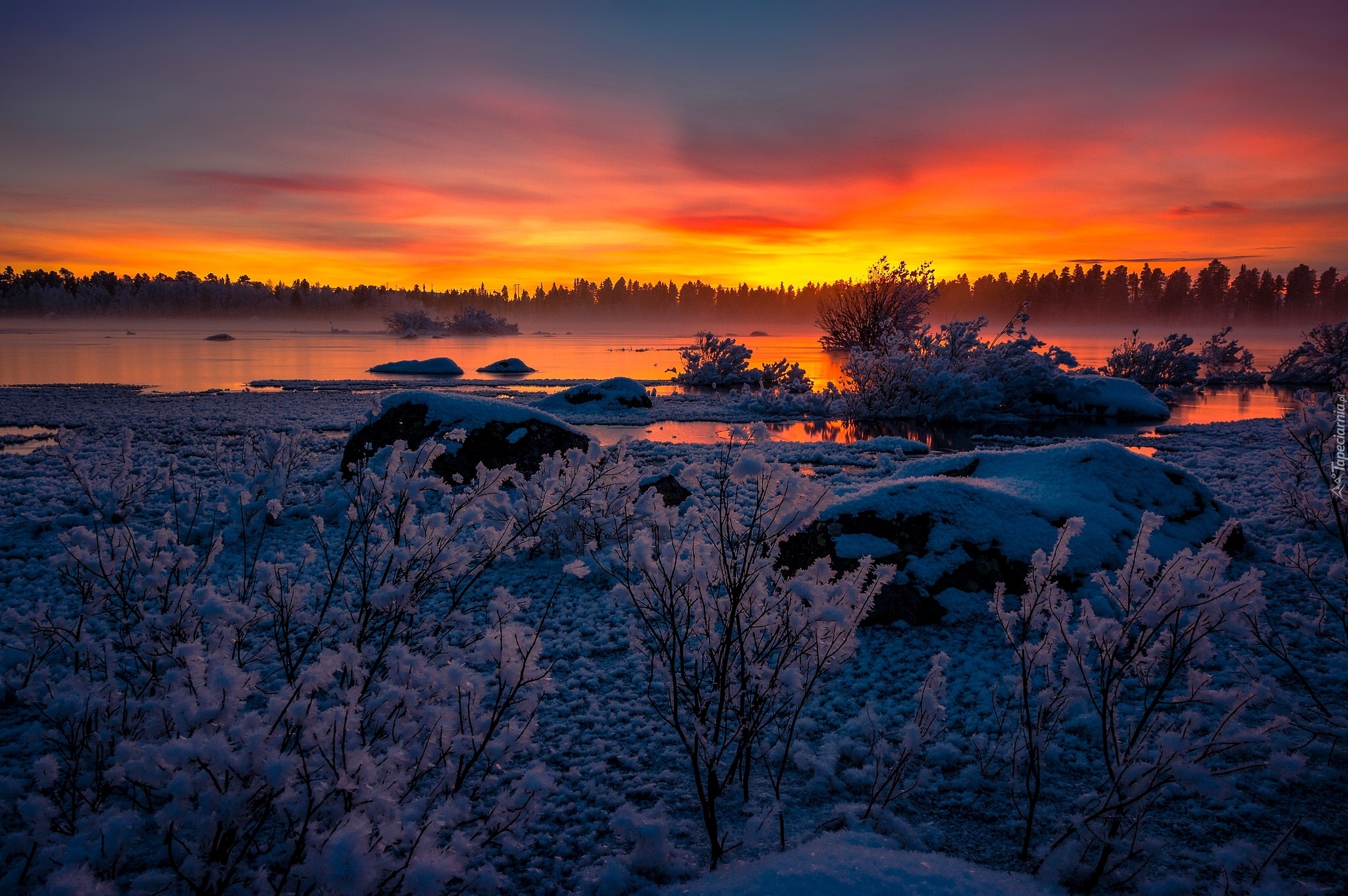 Szwecja, Laponia, Zachód słońca, Zima, Rzeka