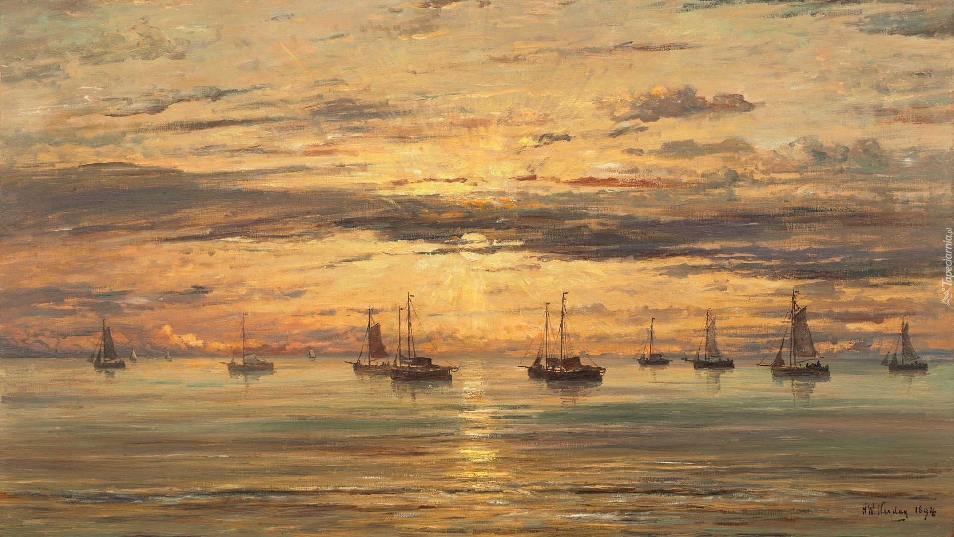Malarstwo, Obraz, Hendrik Willem Mesdag, Żąglówki, Morze, Zachód słońca