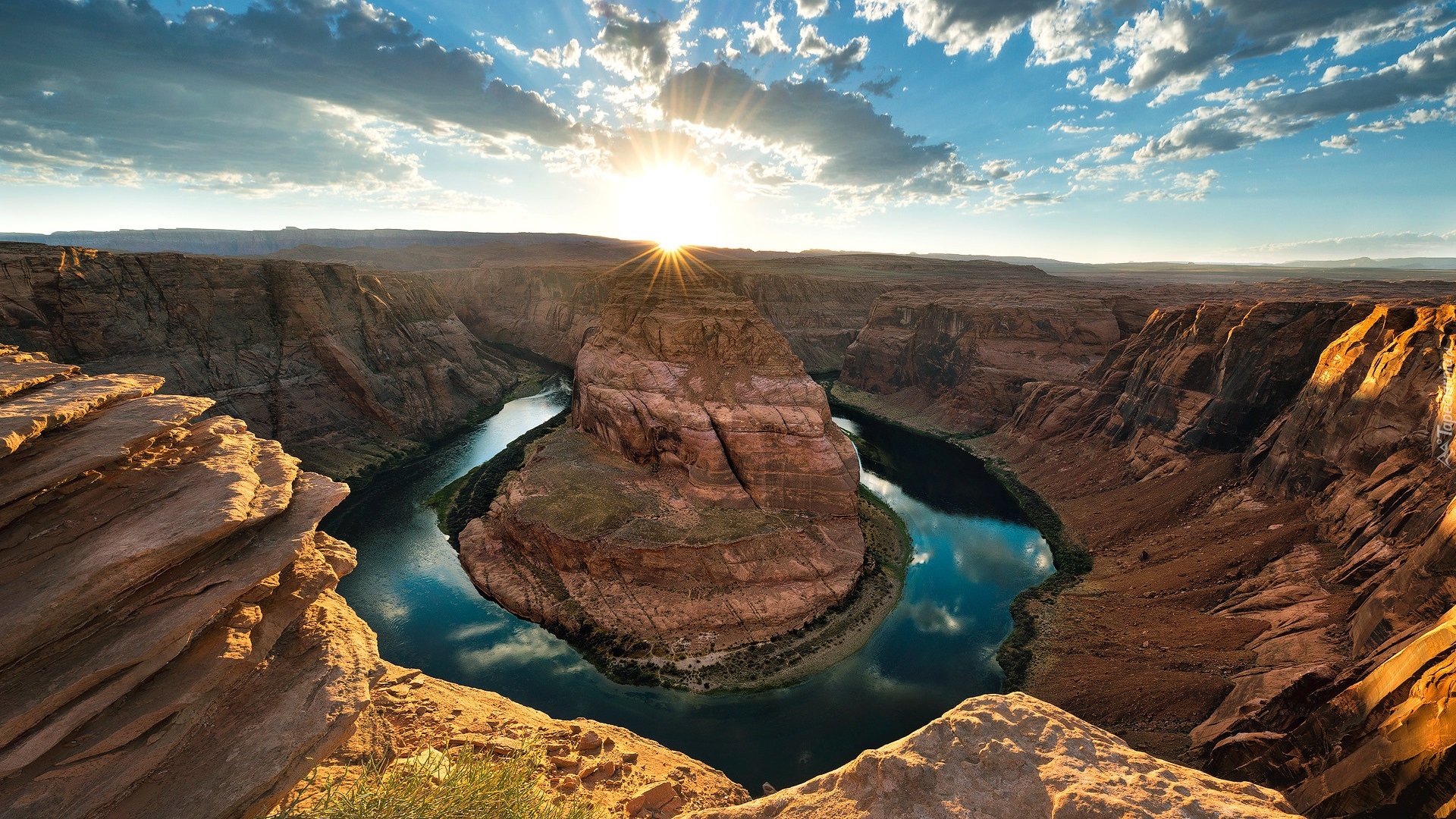 Park Narodowy Glen Canyon, Kanion, Rzeka, Kolorado River, Zakole, Horseshoe Bend, Promienie słońca, Skały, Arizona, Stany Zjednoczone