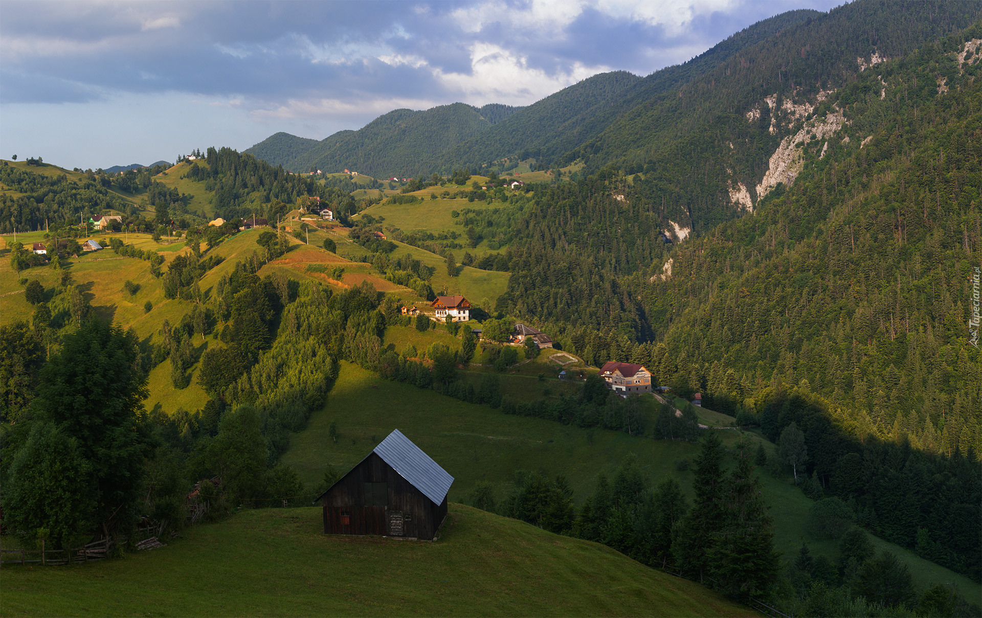 Góry Karpaty, Domy, Drzewa, Transylwania, Siedmiogród, Rumunia