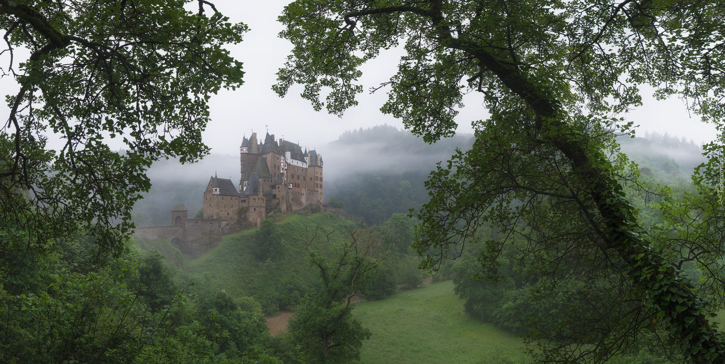 Zamek Eltz, Drzewa, Rzeka, Wzgórza, Góry, Mgła, Gmina Wierschem, Nadrenia-Palatynat, Niemcy