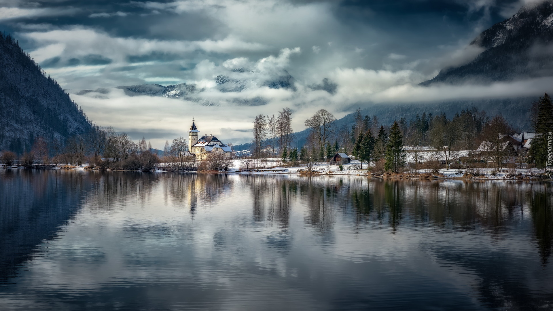 Jezioro Grundlsee, Góry, Zima, Drzewa, Zamek Grundlsee, Styria, Austria