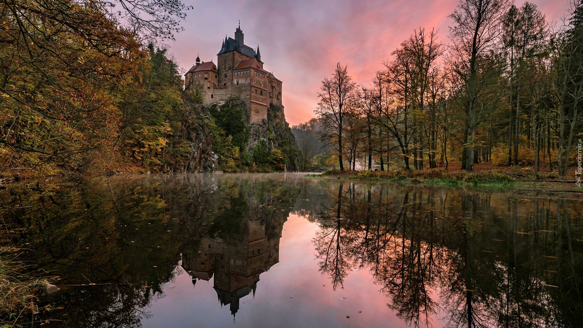 Zamek Kriebstein, Jezioro, Drzewa, Różowe, Niebo, Odbicie, Kriebstein, Niemcy