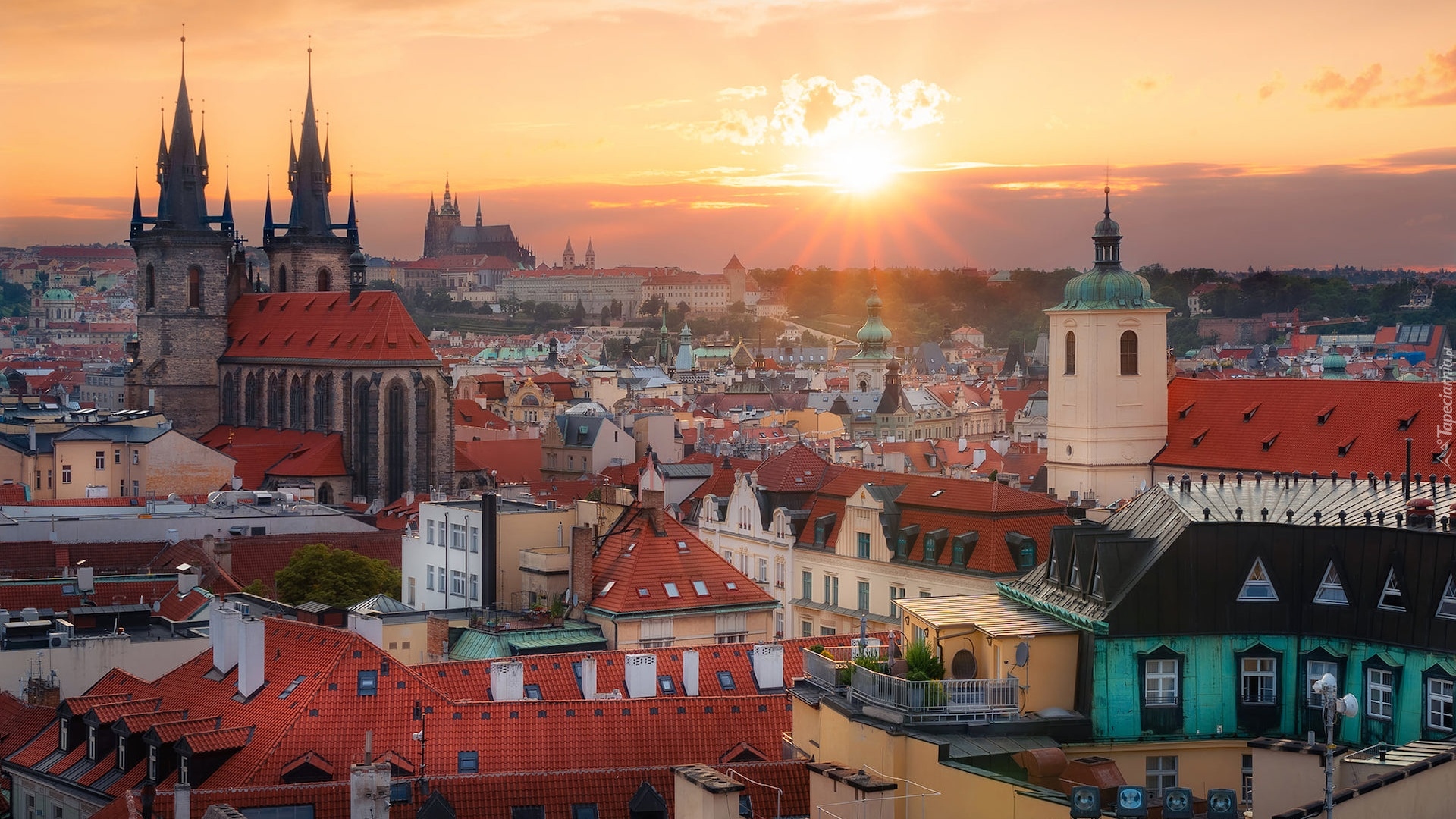 Praga, Czechy, Panorama, Zamek na Hradczanach, Katedra Świętych Wita Wacława i Wojciecha, Hradczany, Domy, Promienie słońca