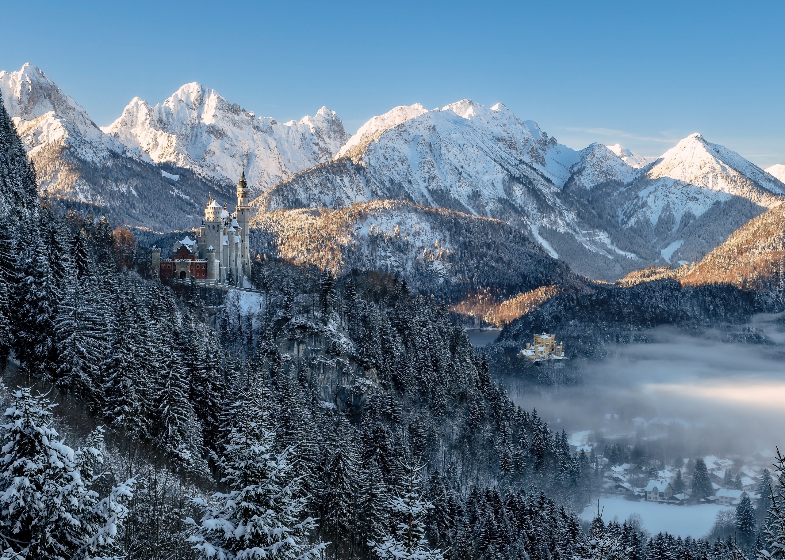 Góry, Alpy, Zamek Neuschwanstein, Lasy, Zima, Bawaria, Niemcy