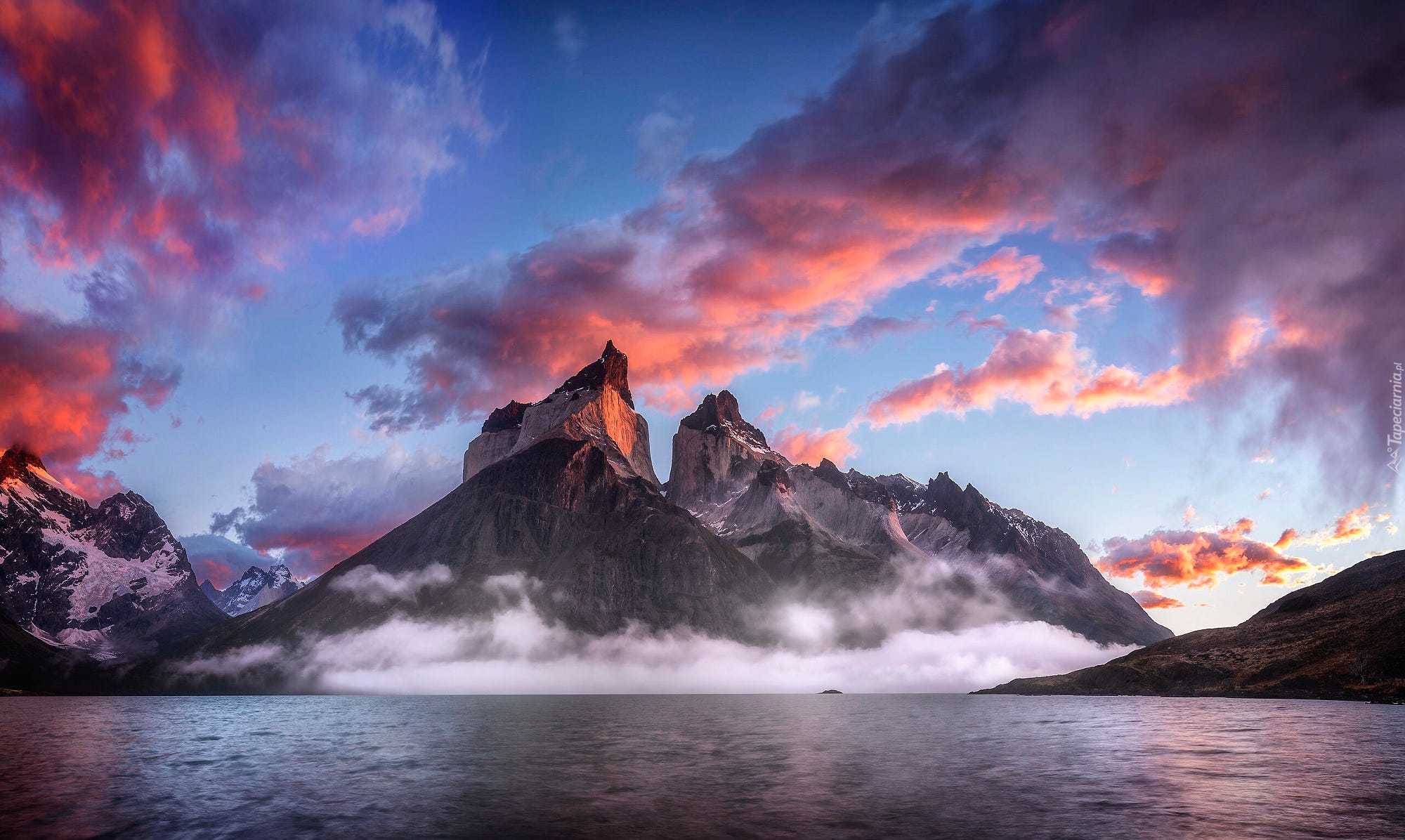 Ameryka południowa, Patagonia, Jezioro, Góry, Różowe, Obłoki