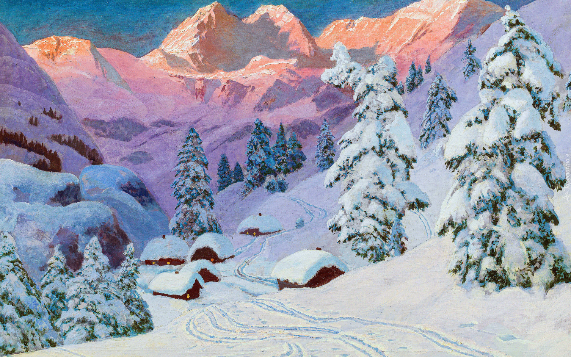 Malarstwo, Obraz, Alois Arnegger, Góry, Zima, Domy, Ośnieżone, Świerki, Śnieg, Ślady
