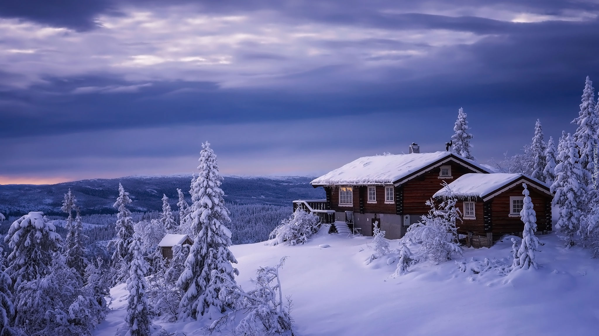 Zima, Śnieg, Drzewa, Domy, Chmury, Valdres, Norwegia