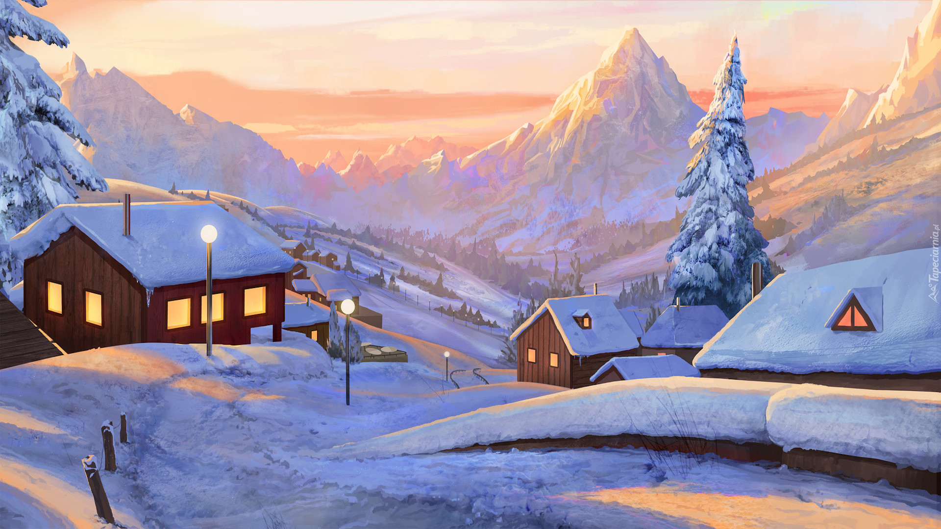 Zima, Góry, Ośnieżone, Domy, Śnieg, Droga, Świerki, Grafika Paintography