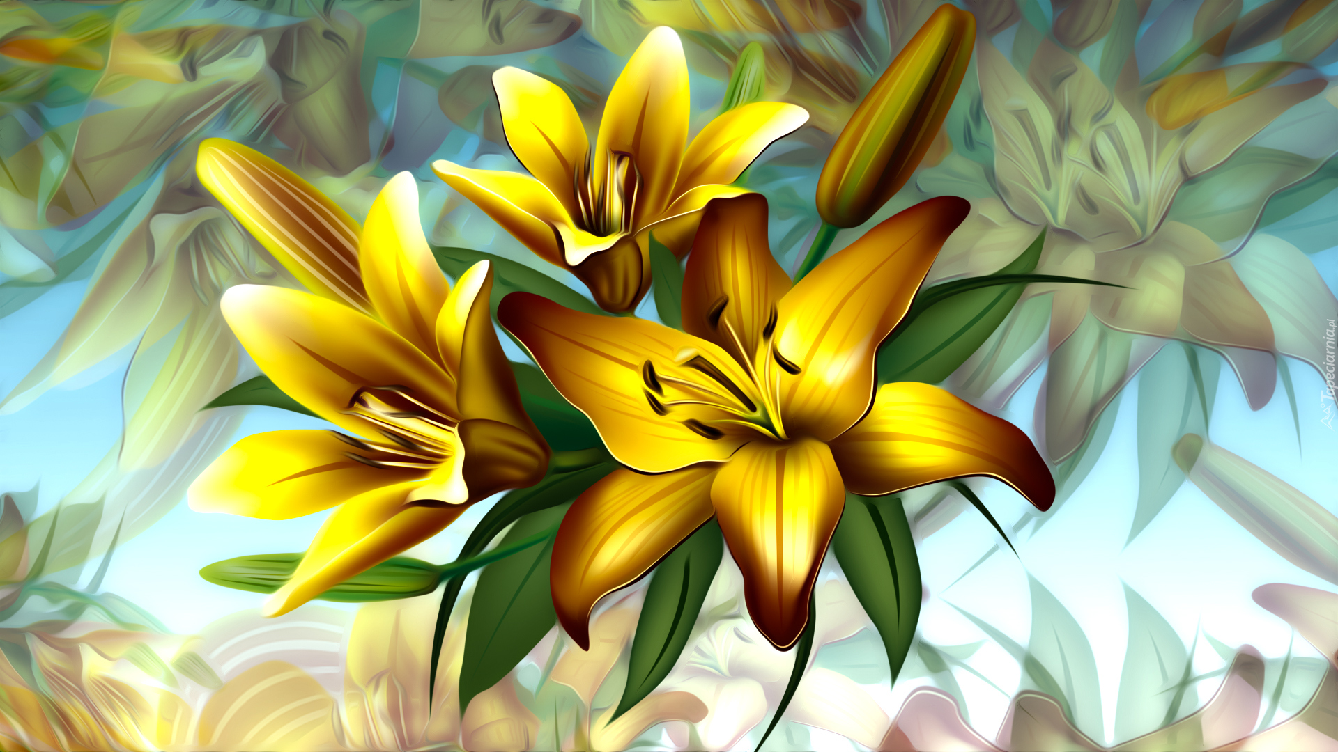 Grafika, Kwiaty, Żółte, Lilie