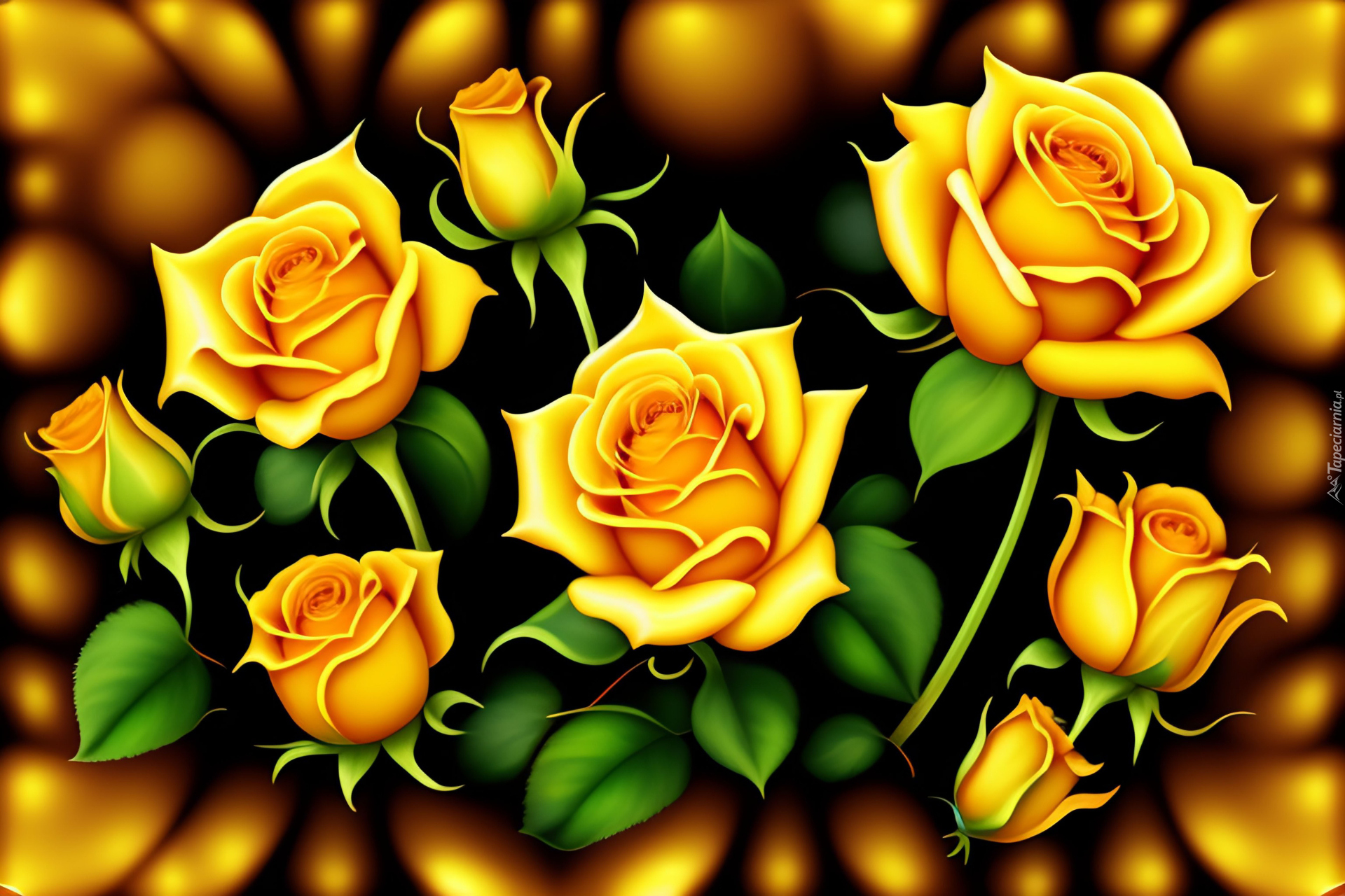 Kwiaty, Żółte, Róże, Zielone, Liście, Grafika