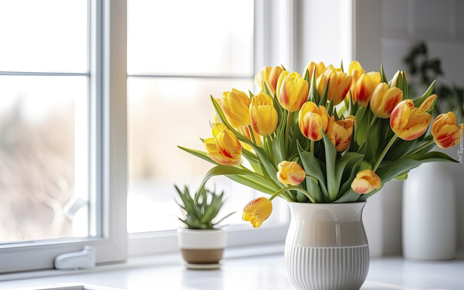 Kwiaty, Żółte, Tulipany, Bukiet, Wazon, Okno