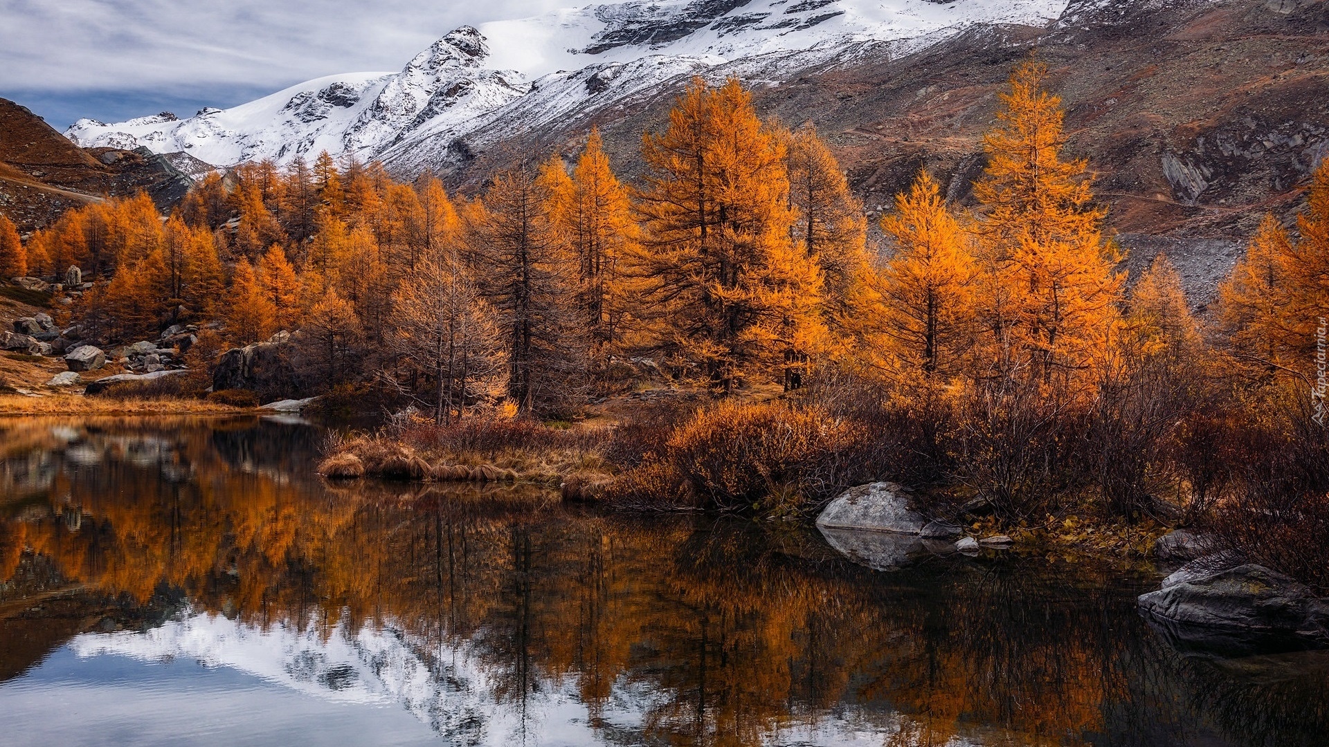 Jesień, Góry, Jezioro, Żółte, Drzewa, Modrzewie