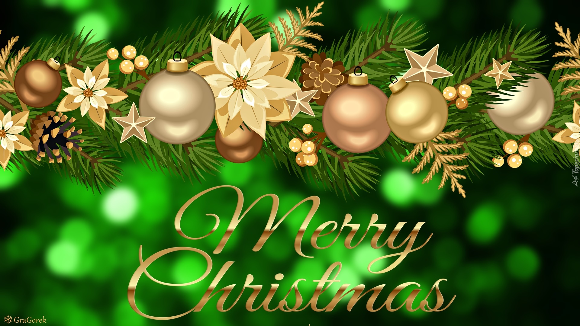 Boże Narodzenie, Girlanda, Życzenia, Kartka, Grafika, Zielone tło