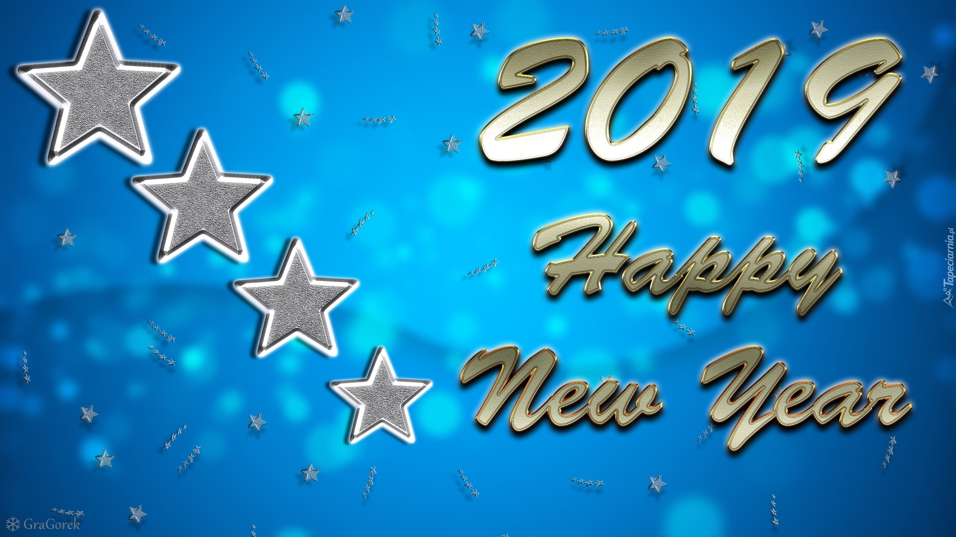 Nowy Rok, 2019, Napis, Życzenia, Gwiazdy, Kartka, Grafika, Niebieskie, Tło