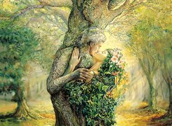 Wiosna, Kobieta, Mężczyzna, Drzewa, Pocałunek, Josephine Wall