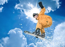 Snowboarding, Pomarańczowy, Kombinezon, Słońce, Gogle