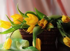 Żółte, Tulipany, Kosz, Zielona, Tkanina