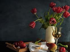 Wazon, Tulipany, Owoce, Wino