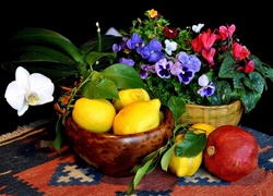 Doniczka, Kwiaty, Cytryny, Granat, Owoce, Kompozycja