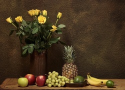 Bukiet, Róż, Ananas, Winogrona, Jabłka, Banany, Limonka, Owoce