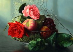 Kompozycja, Kwiaty, Róże, Owoce