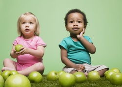 Chłopiec, Dziewczynka, Zielone, Jabłka