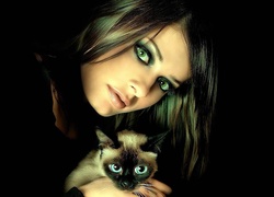 Dziewczyna, Kot, Zielone, Oczy