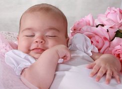 Śpiące, Uśmiechnięte, Dziecko, Kwiaty