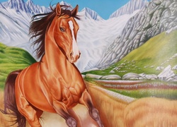 Koń, Góry, Zieleń, Rysunek