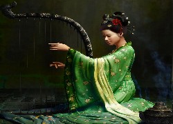 Kobieta, Kimono, Harfa