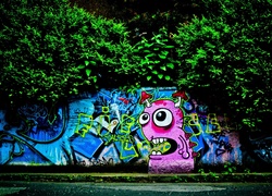 Ulica, Mur, Graffiti, Drzewa