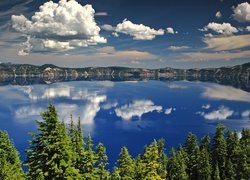 Oregon, Jezioro, Drzewa, Chmury