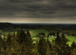 Panorama, Las, Łąka, Wieś, Chmury