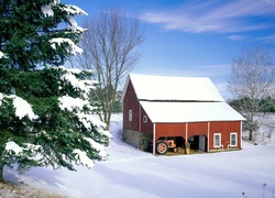 Zima, Śnieg, Domek, Traktor
