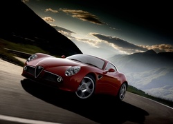 Czerwona, Alfa Romeo, Droga, Chmury