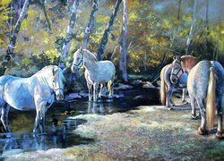 Konie, Rzeka, Las, Obraz