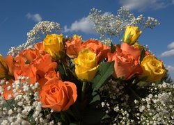 Kwiaty, Bukiet, Róże, Gipsówka