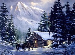 Zima, Konie, Dom, Góry, Drzewa