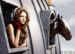 Kobieta, Śnieg, Koń, Okna