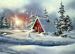 Domek, Zimowa, Sceneria, Śnieg