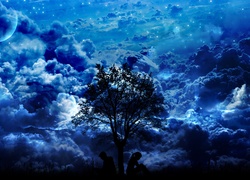 Chmury, Drzewo, Ludzie, Noc