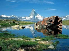 Jezioro, Skały, Góry, Matterhorn, Szwajcaria