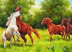 Konie, Łąka, Drzewa