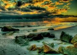 Morze, Kamienie, Chmury, Zachód Słońca