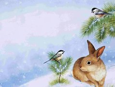 Zima, Zając, Ptaki, Reprodukcje Obrazów