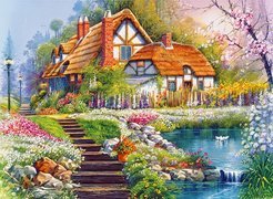 Dom, Ogród, Schody, Staw, Kwiaty