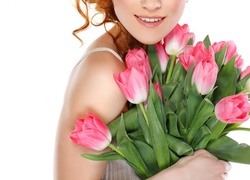 Kobieta, Uśmiech, Tulipany