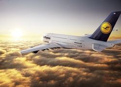 Samolot, Airbus, A380, Chmury